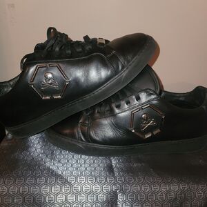 Philipp Plein Black Leather Sneakers with Silver Skull Emblem Size 44 10.5-11 US